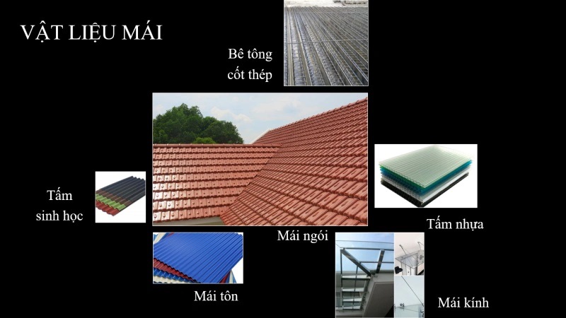 Chất liệu làm mái nhà phổ biến gồm mái tôn, mái ngói và mái bê tông