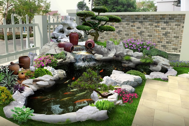 Thiết kế sân vườn với hòn non bộ và hồ cá Koi