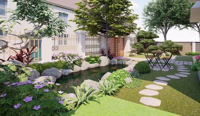 Ý tưởng trang trí vườn trước nhà với hồ cá và cây xanh